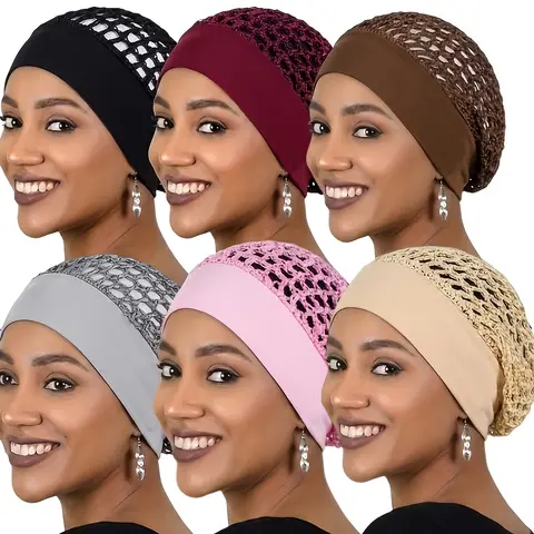 Women's 3-6pcs Crocheted Hairnet Bonnets - Handmade Elastic Yarn Caps, Breathable Stretchy Edge, Full Coverage Breathable Head Scarves, Adults Female Fashion Accessories for Sleeping & Haircare