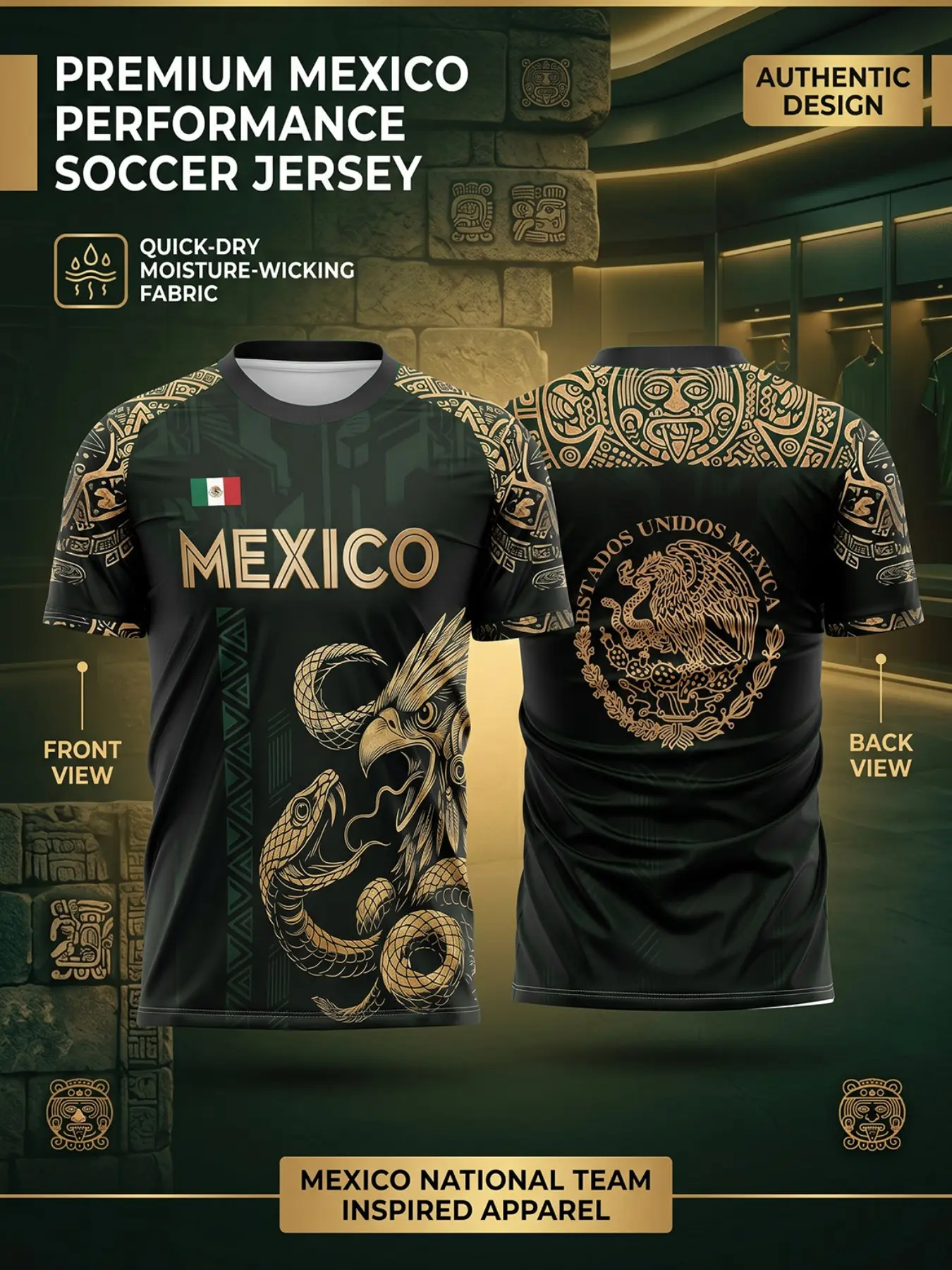 Gold Ancient Tribe Eagle Snake Print Soccer Training Jersey, Quick-Dry Breathable Fabric, Sporty Fitted Design, All Seasons Wear