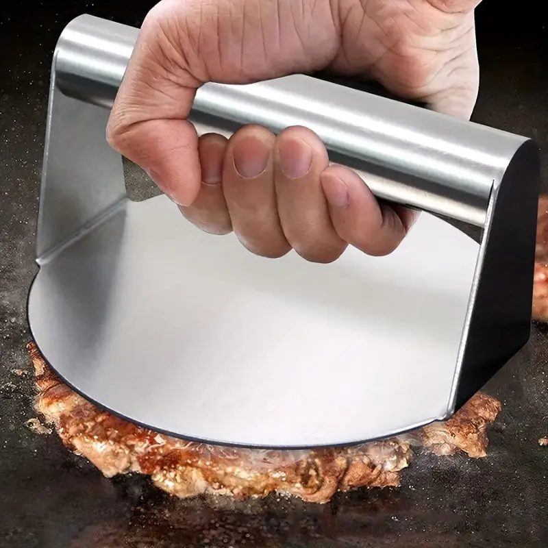1pc Stainless Steel Burger Smasher Press, Hamburger Press, Non-Stick Flat Bottom for Even Cooking & Crispy Edges. Ergonomic Handle Shields Hands from Heat. Ideal for Home Cooks & Grill Masters. Great for Backyard Cookouts, Game Day & Summer Parties.