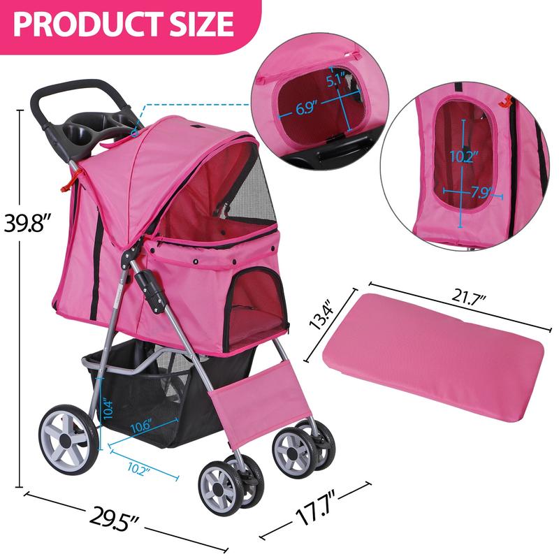 NOVA 4 Wheel Pet Dog Pink Stroller Foldable Cart Max 33lbs W/Storage Basket & Cup Holder