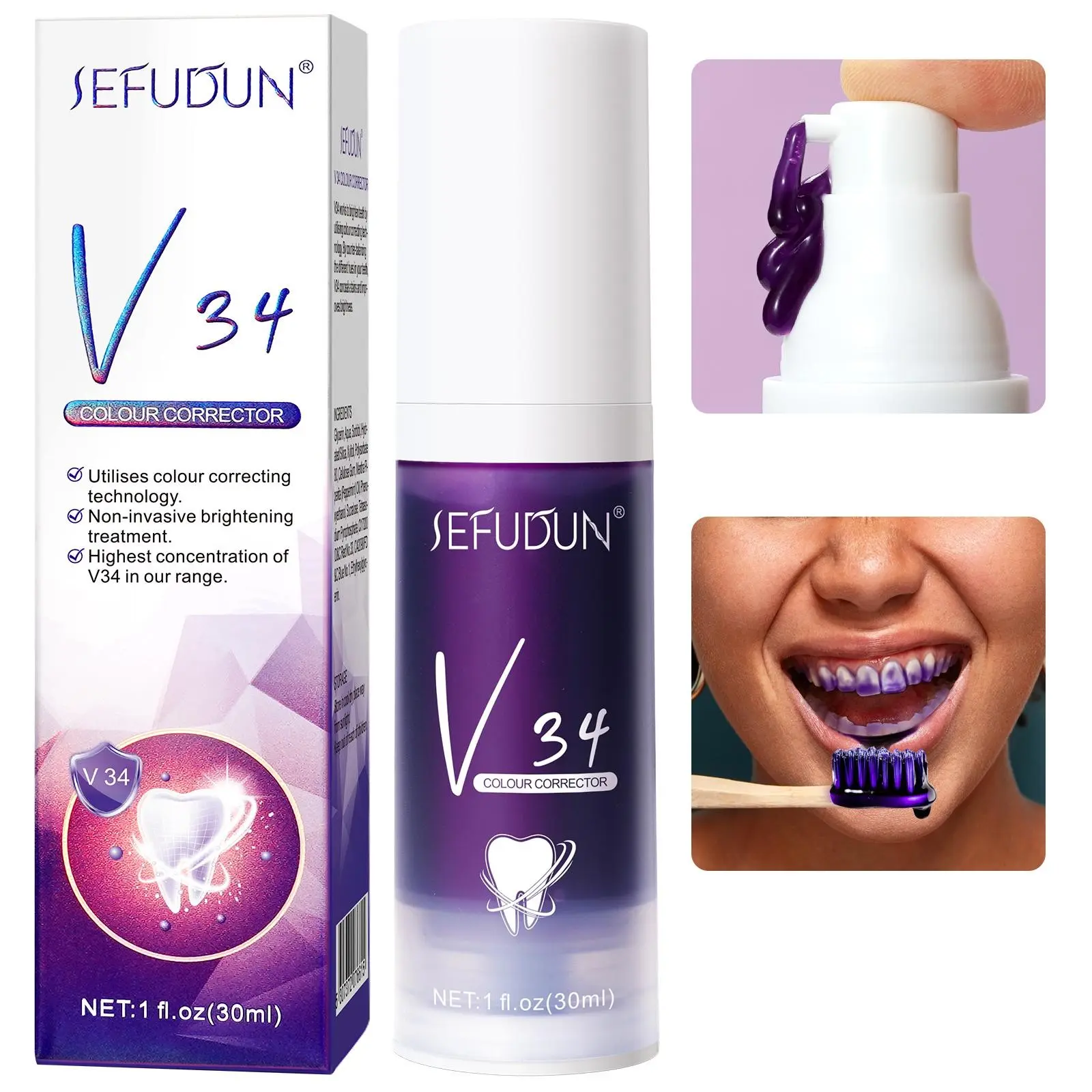 V34 Blueberry-Flavored Purple Teeth-Whitening Brightening Toothpaste, with a purple tint, removes surface stains from teeth and freshens breath; suitable for both men and women
