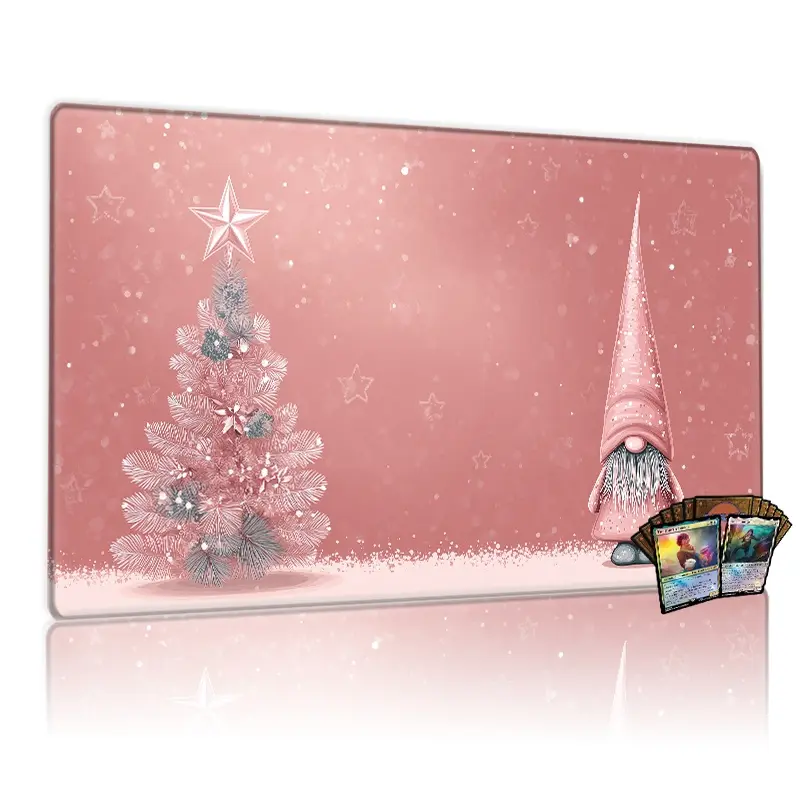 Whimsical Pink Christmas Gnome & Tree MTG TCG Playmat, 12x24inch Game Mat for Trading Card Game Table Mat, Festive Cozy Gift for Gamers & Holiday Enthusiasts