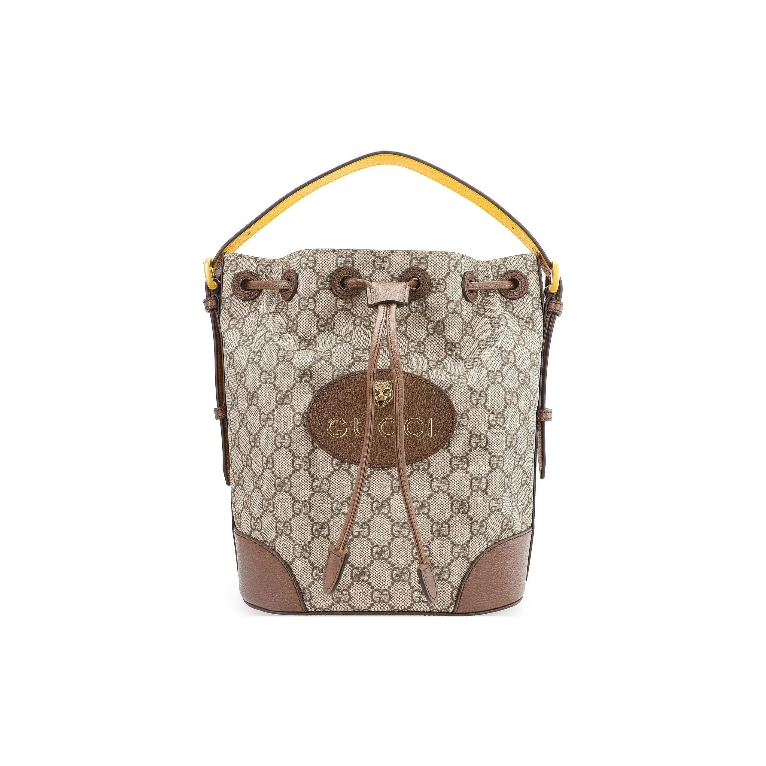 Gucci Neo Vintage Distressed Tiger-Head Monogram Drawstring Bucket Bag for Men and Women, Ebony/Brown