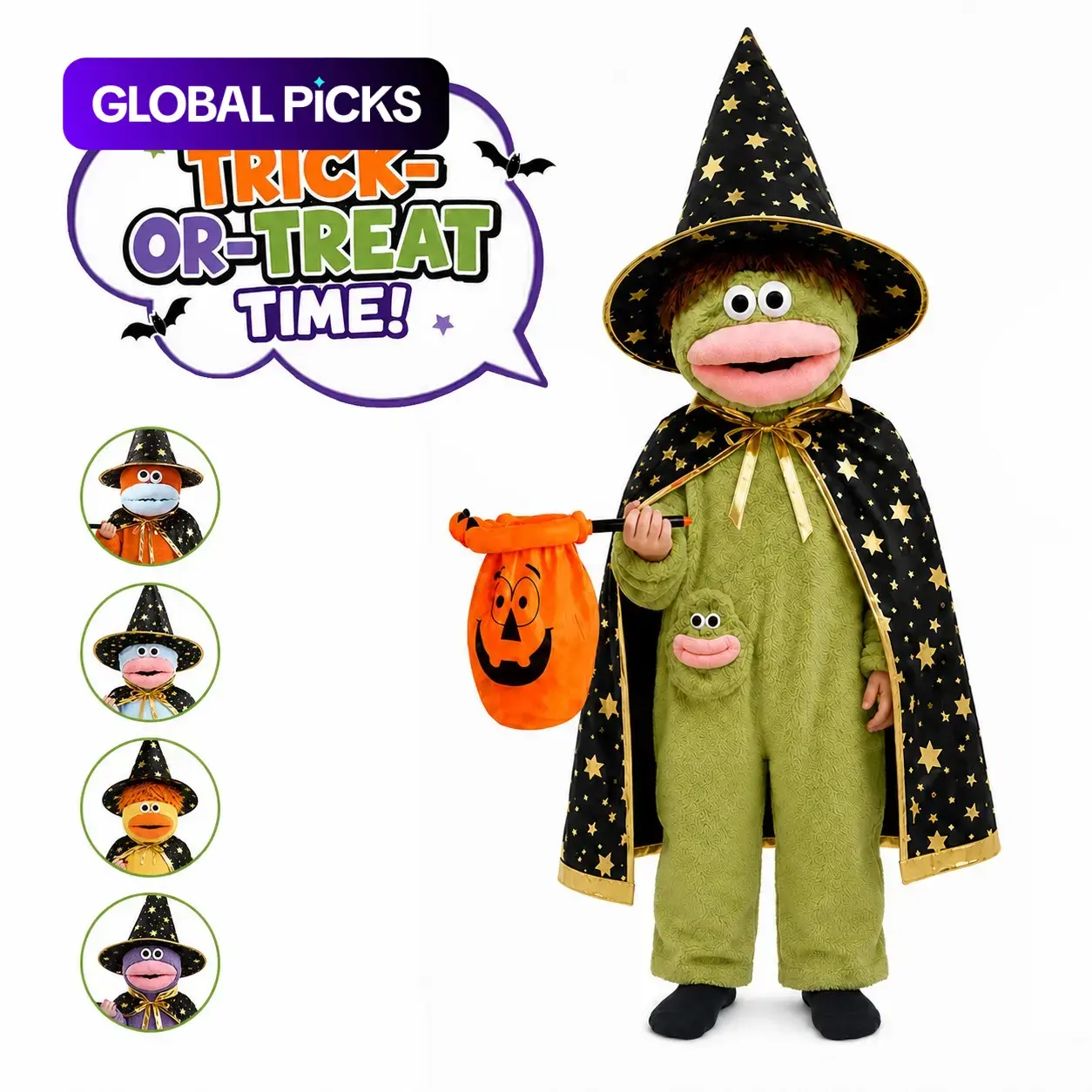 Kids Monster Wizard Halloween Costume Set, Star Cape & Candy Bag, Cute Plush One-Piece Onesie, Trick-Or-Treating, Dress-Up, Loungewear, Themed Costumes