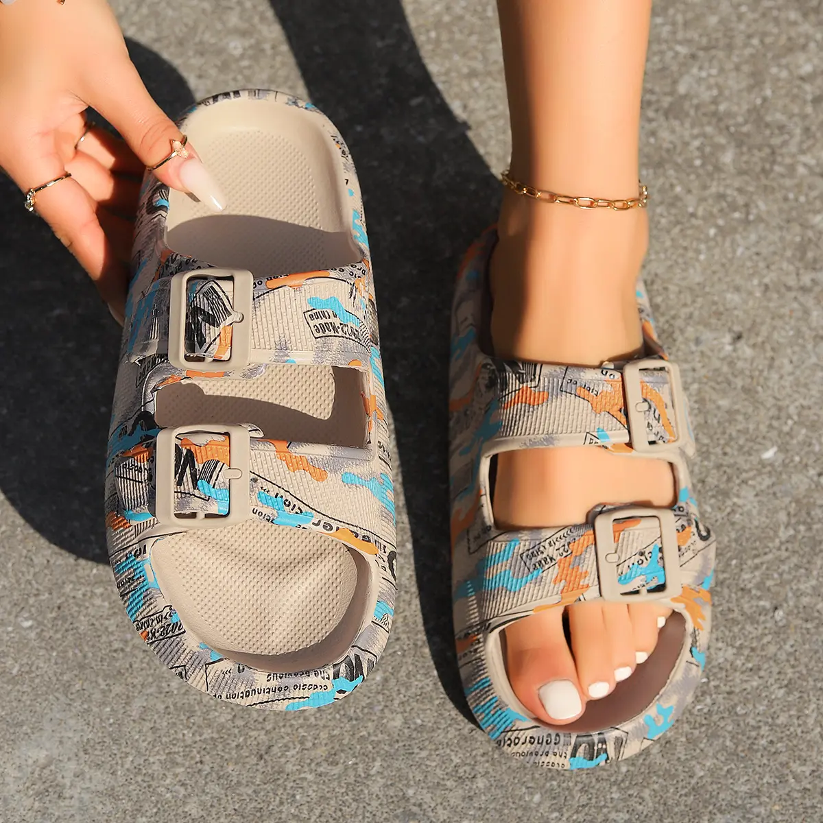 Women's EVA Foam Cloud Slides - Open Toe, Adjustable Buckle-Straps, Thick Cushion, Lightweight Non-Slip Sole, Graffiti Print EVA Beach Slippers for Indoor Outdoor Use