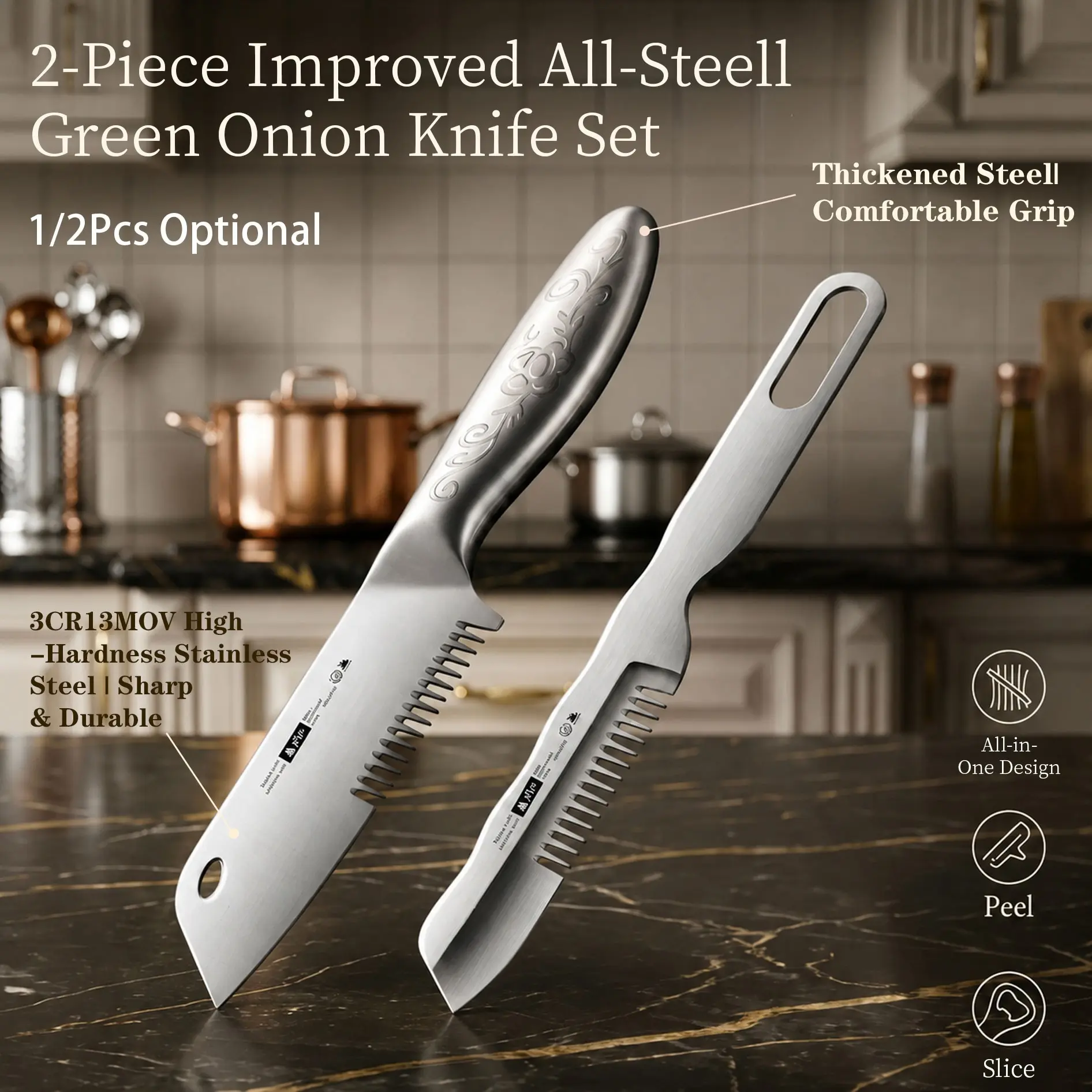 Improved 2Pcs Upgraded Stainless Steel Scallion Knife Set, 3cr13mov Green Onion Shredder Cutter Slicer, Household Multifunctional Kitchen Tool, Precision Silk Knife for Slicing and Shredding, Easy to Use and Durable