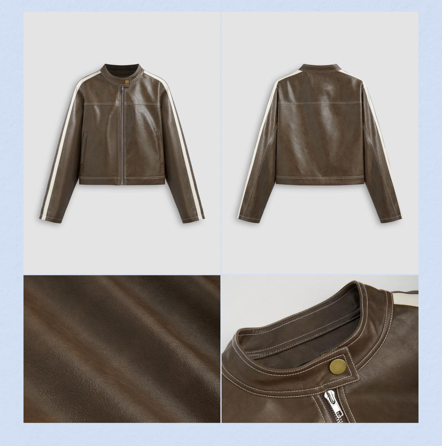 Cider [size 0-10] Faux Leather Stand Collar Side Stripe Pocket Zipper Jacket