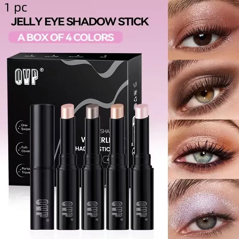 4PCS Jelly Water Gloss Cosmetic Eyeshadow Stick Set, Eyeshadow Shimmer, with metallic finish, water- and sweat-resistant, long-lasting and buildable, suitable for body, highlighting/contouring, creating sparkling eye makeup and glowing face makeup