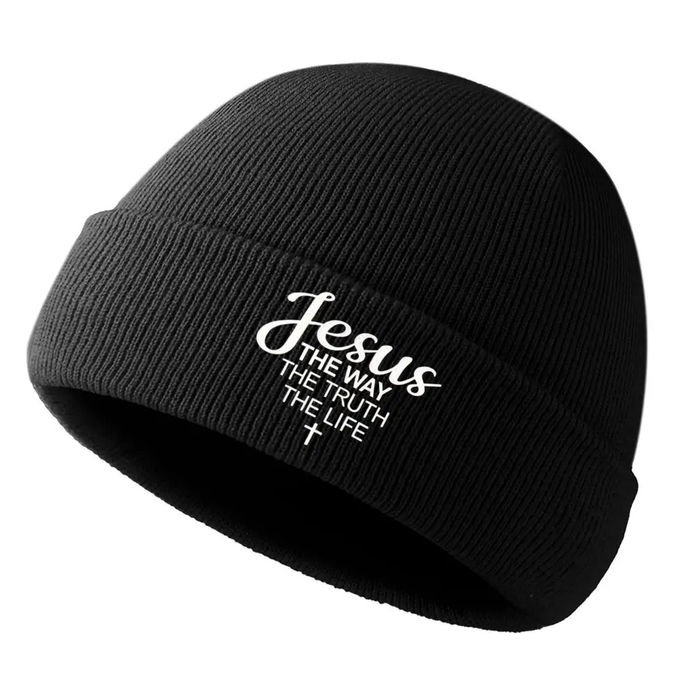 Unisex Knit Beanie for Cold Weather - Black Christian Cuffed Ribbed Warm Thermal Hat, Premium Acrylic Soft Religious Headwear with Jesus "The Way The Truth The Life" Scripture Text & Cross Print, for Church/Daily Use