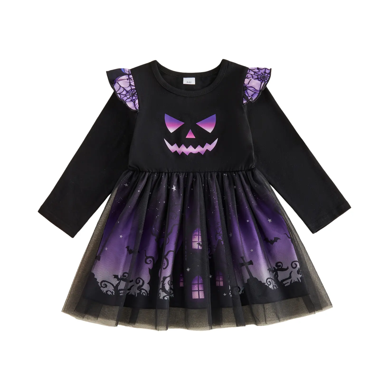 FOCUSNORM Toddler Baby Girls Halloween Pumpkin Print Tulle Dress Long Sleeve Ruffle Shoulder Bat Haunted House Party Costume