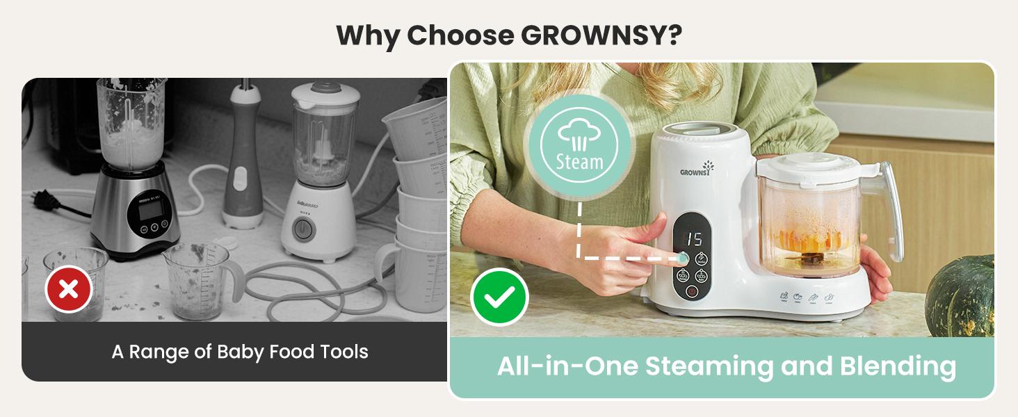 Grownsy 1-Step Baby Food Maker – BPA-Free Blender with Large Bowl, Steam Basket, Auto Cooking, Grinding, Sterilizing & Auto Pause for Homemade Healthy Baby Food