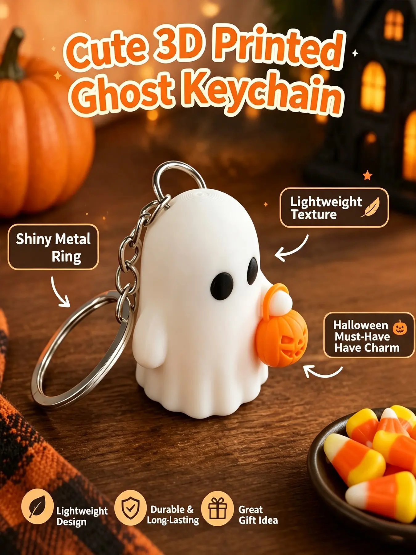 1 Pack Cute 3D Printed Ghost Keychain, Halloween Pumpkin Ghost Pendant, 5 Different Expressions, Halloween Party Gift Bag Charm Accessory