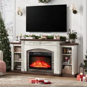 LED Mirrored Electric Fireplace with Mantel Fireplace TV Stand for TVs Up to 80 Inch Modern Entertainment Center with Realistic Stacked Stone Surround Wooden Carved Decorative Mantel Storage for Living Room