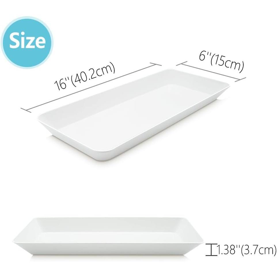Serving Tray Platter Rectangle, 4 count Long Narrow  Tray for Veggie Fruit Snack Dessert, Plastic White  Trays for Party Supplies Display, Rectangular Platters for Serving ,