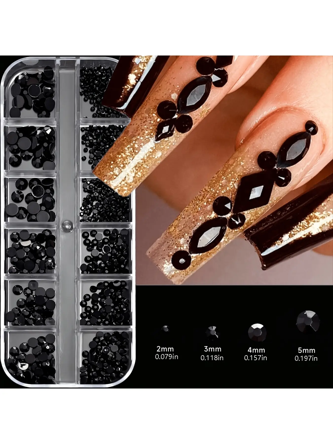 12-slot 3D black crystal resin nail art rhinestone set, flat Y2K aesthetic nail gems, nail decorations, dark style enhancements and nail supplies