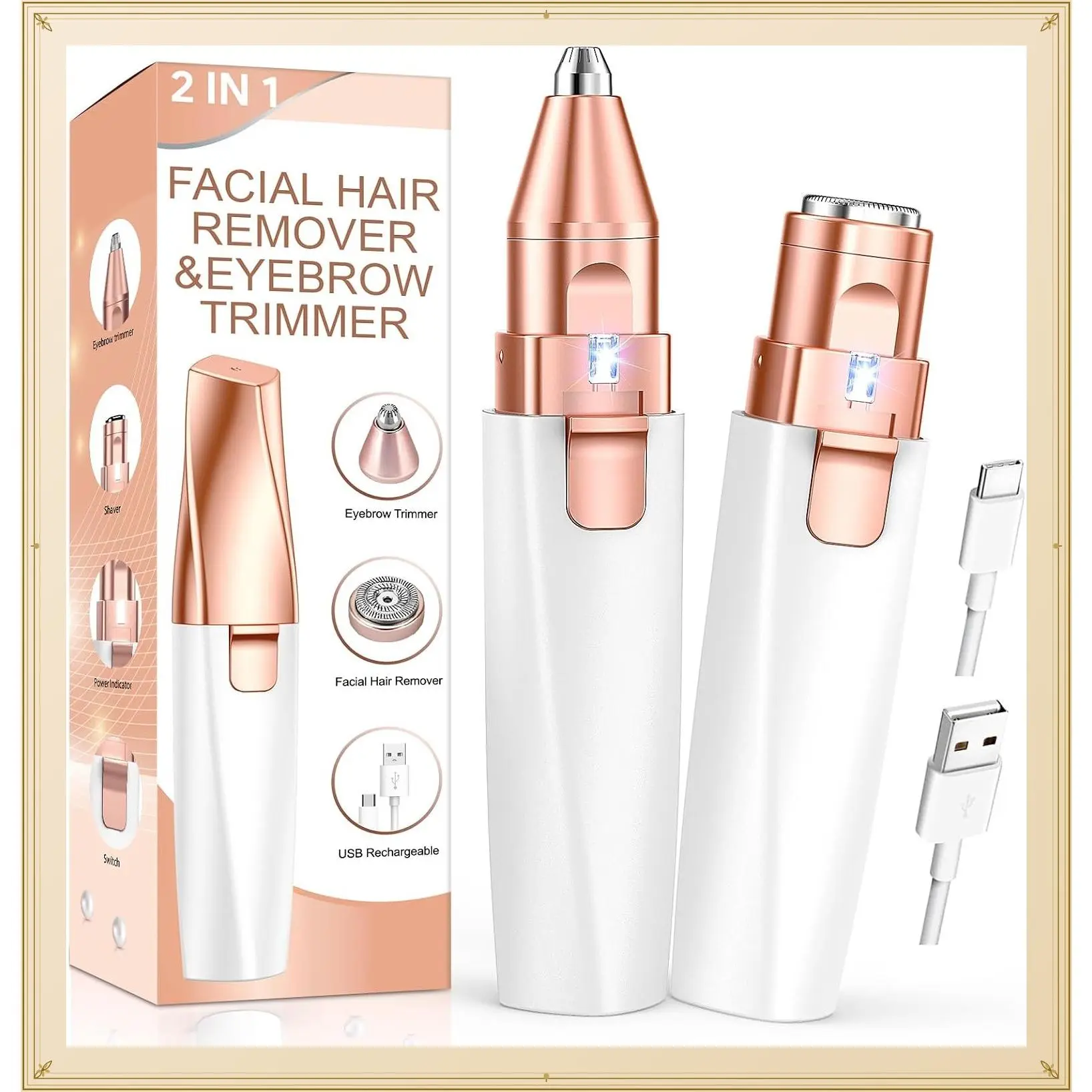 2 in 1 Rechargeable Eyebrow Trimmer & Face Shaver for Women with LED Light, Painless Electric Eyebrow Razor for Eyebrows, Upper Lip, Chin, Peach Fuzz & Fine Facial HairGift