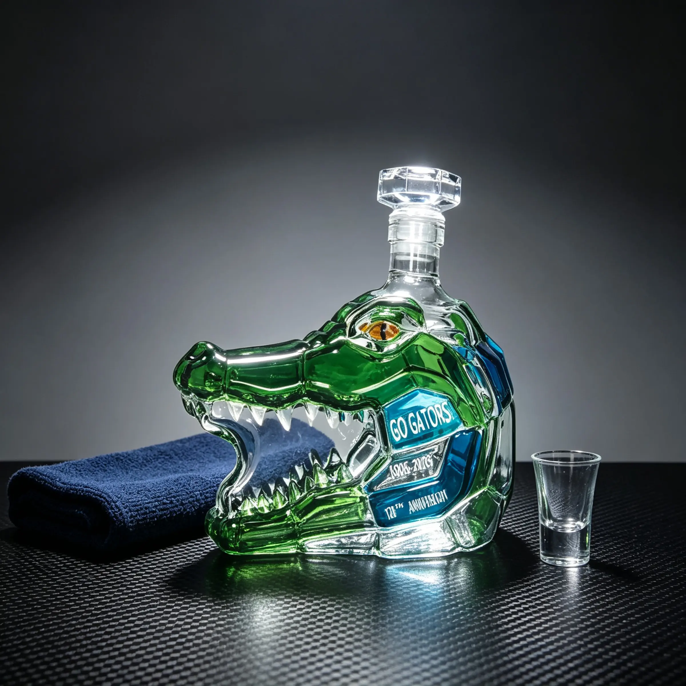 Hand-blown Gator Head Glass Decanter, Florida Gators Team Liquor Bottle, Clear Crystal Stopper. College football themed table ornament, home bar whiskey display. Exclusive keepsake gift for loyal Gators fans, game day gatherings and housewarming