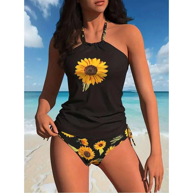 Boho Sunflower Print Halter Tankini Set, Women's Knit Swimwear with Tummy Control and Side Drawstring High Waist Bottoms, Knit Fabric, Regular Cut, Side Drawstrings, Women's Clothes, Knitted Fabric