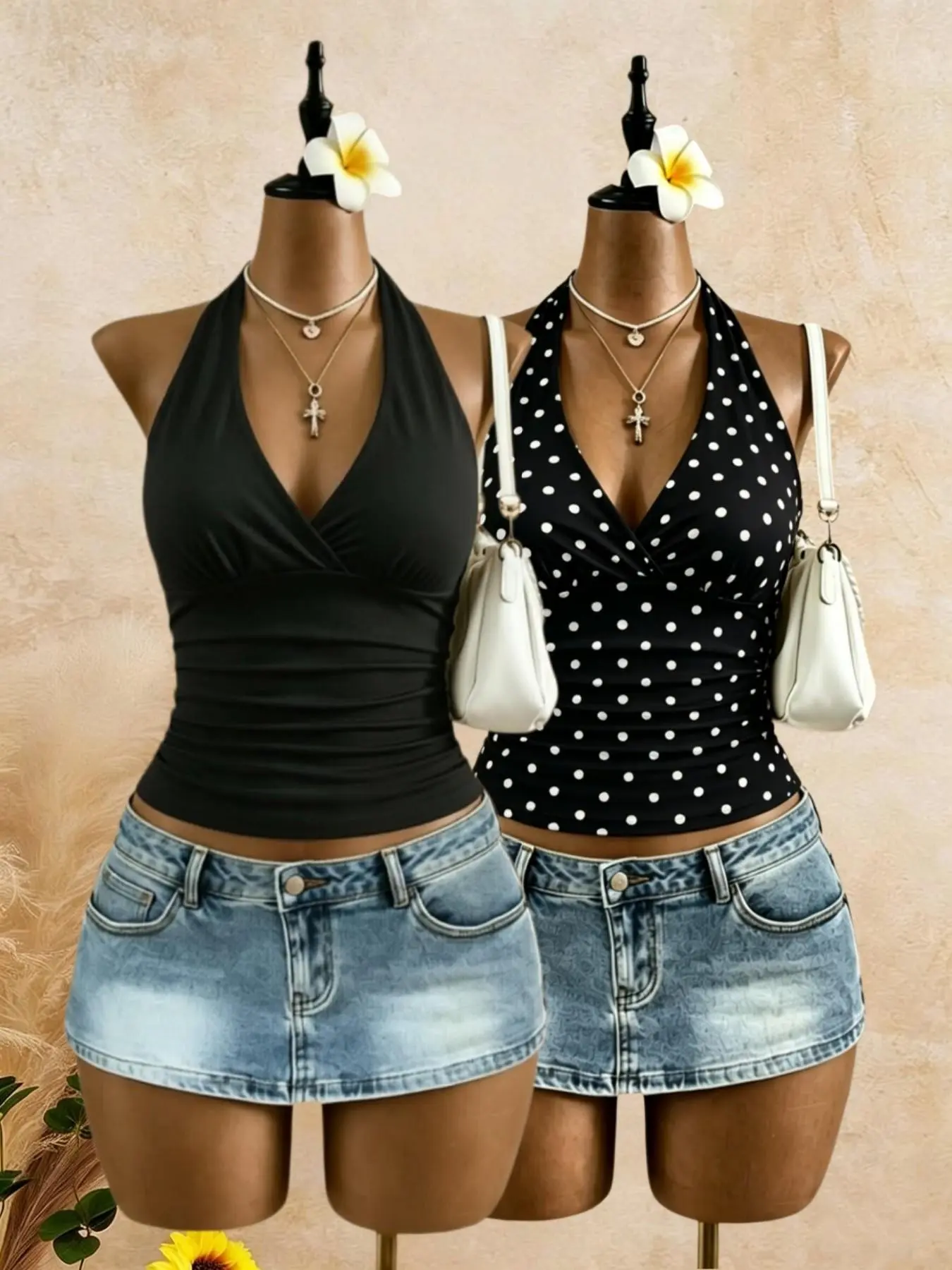 Summer Polka Dot Strapless V-Neck Sleeveless Tank Top, Leopard Print Sexy Side Ruched Fashion Women's Blouse, Two-Piece Set
