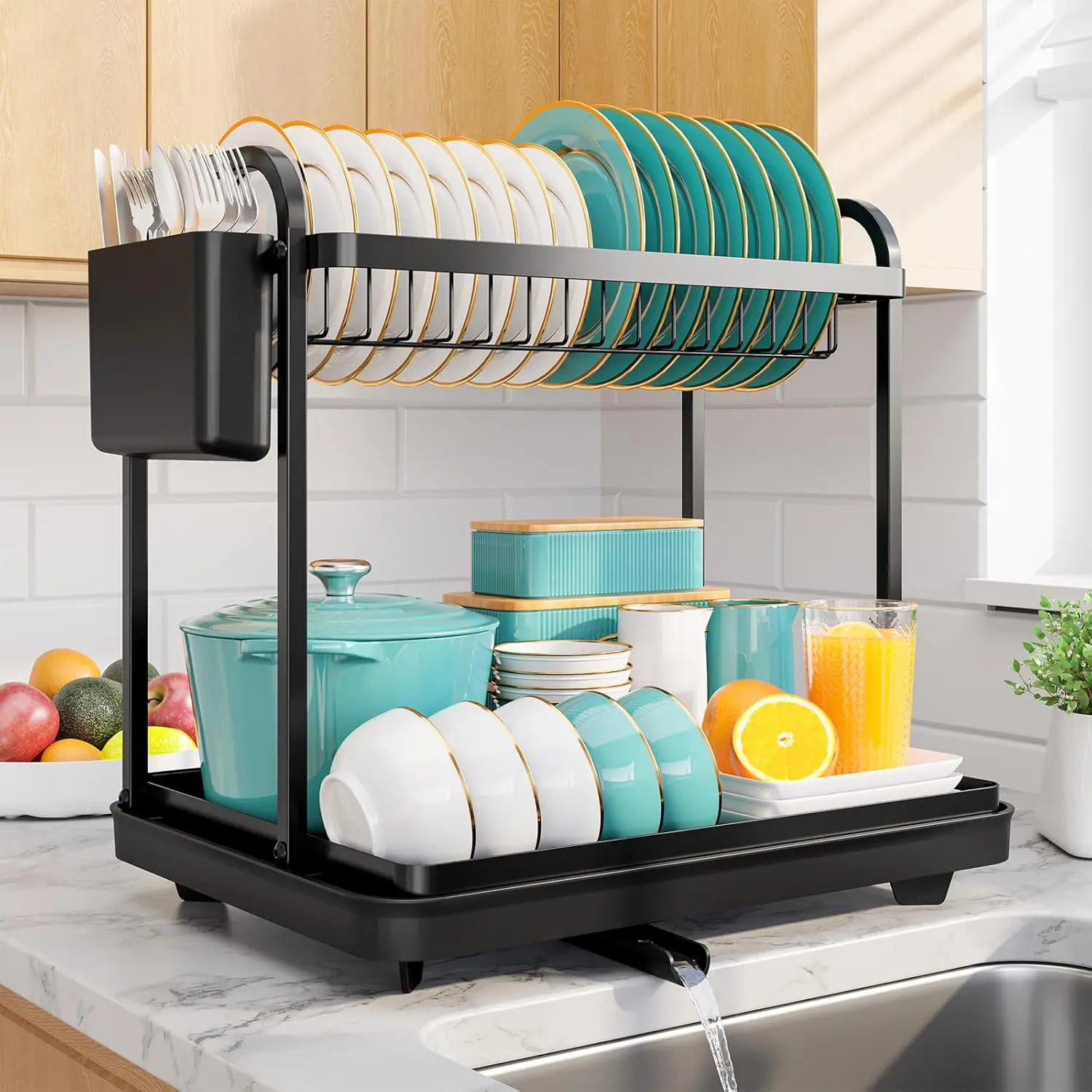 Black Waterproof 2-Tier Stainless Steel Dish Drying Rack with Cutlery & Utensil Holders, Functional Kitchen Utility Organiser, Easy Installation, Wipe-Clean, 15x11.4x15" Dish Storage for Small Family Kitchen Counters