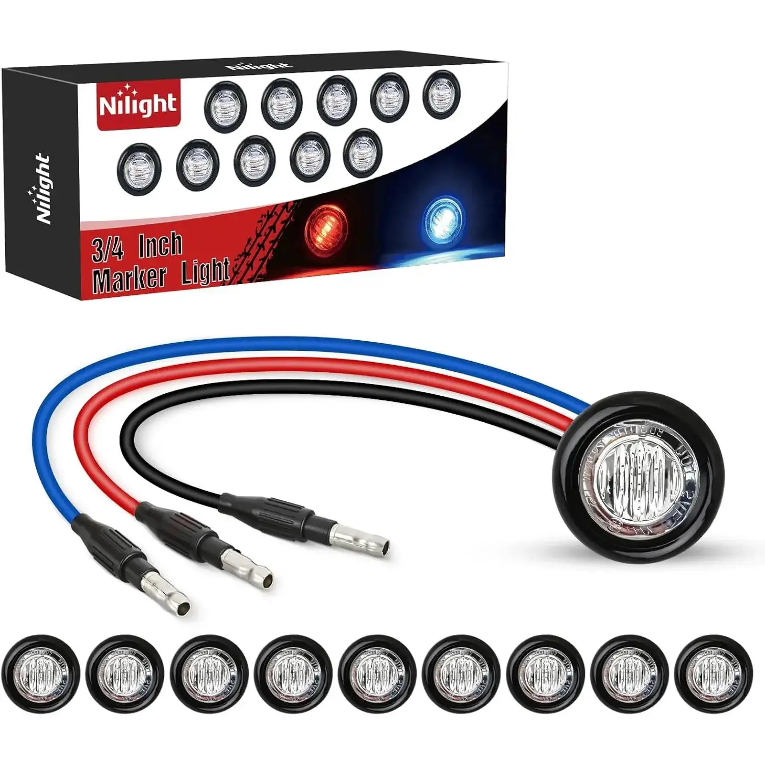 3/4 Inch Dual Color Marker Light 10PCS Red to Blue Brake Auxiliary Side Marker Clearance Indicator Bullet Lights 3 Plug Connector IP68 Waterproof for Trailer Truck Pickup Camper RV ATV UTV Van Bus