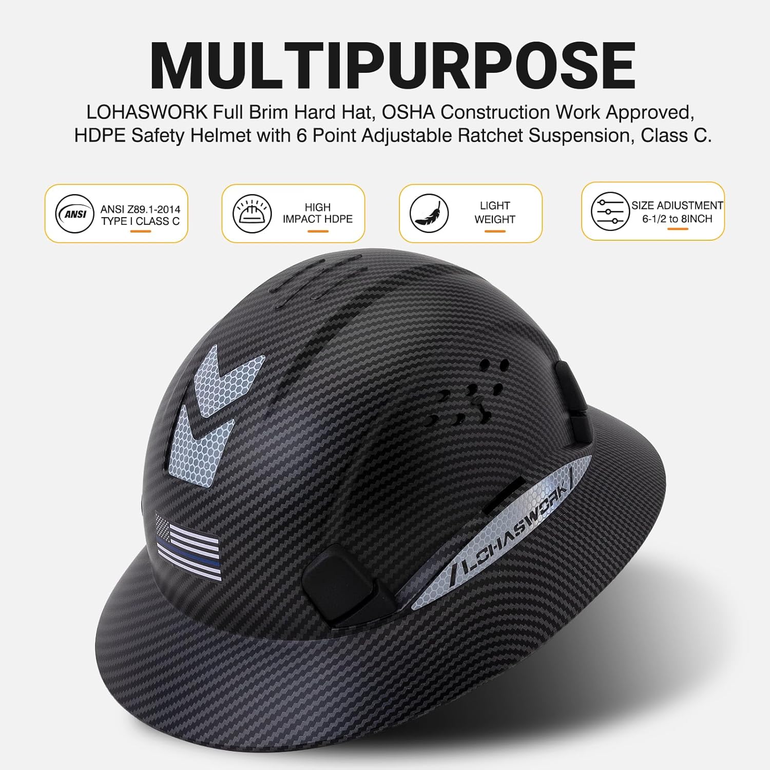 Full Brim Hard Hat ABS Safety Helmet with 6 Point Adjustable Ratchet Suspension Vented Industrial Work Hardhat with Visor Reflective Stickers