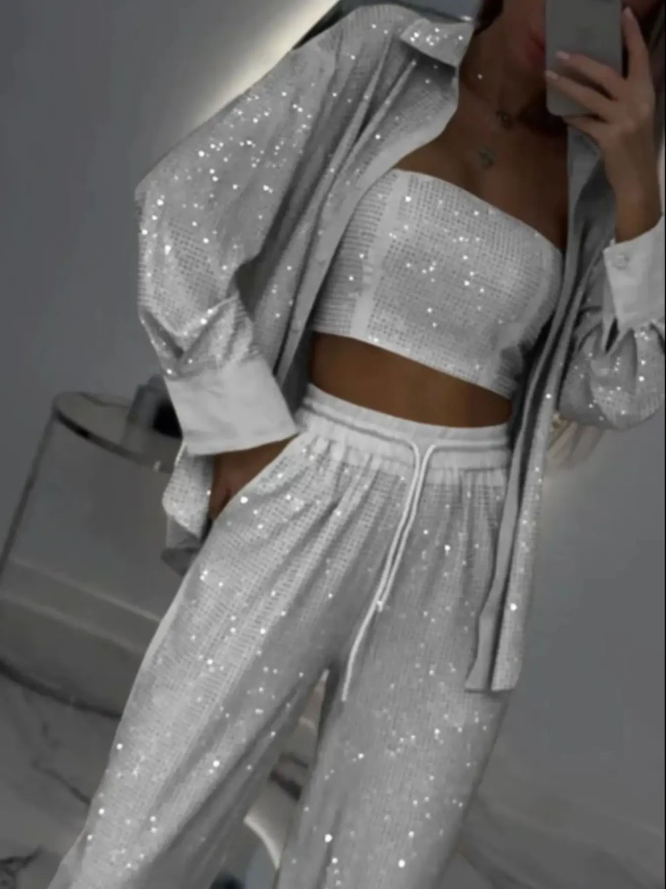 Women's Grid Sequin 3 Piece Outfit Set, Collar Loose Long Sleeve Shirt Bandeau Top High Waist Drawstring Wide Leg Pants Party Set