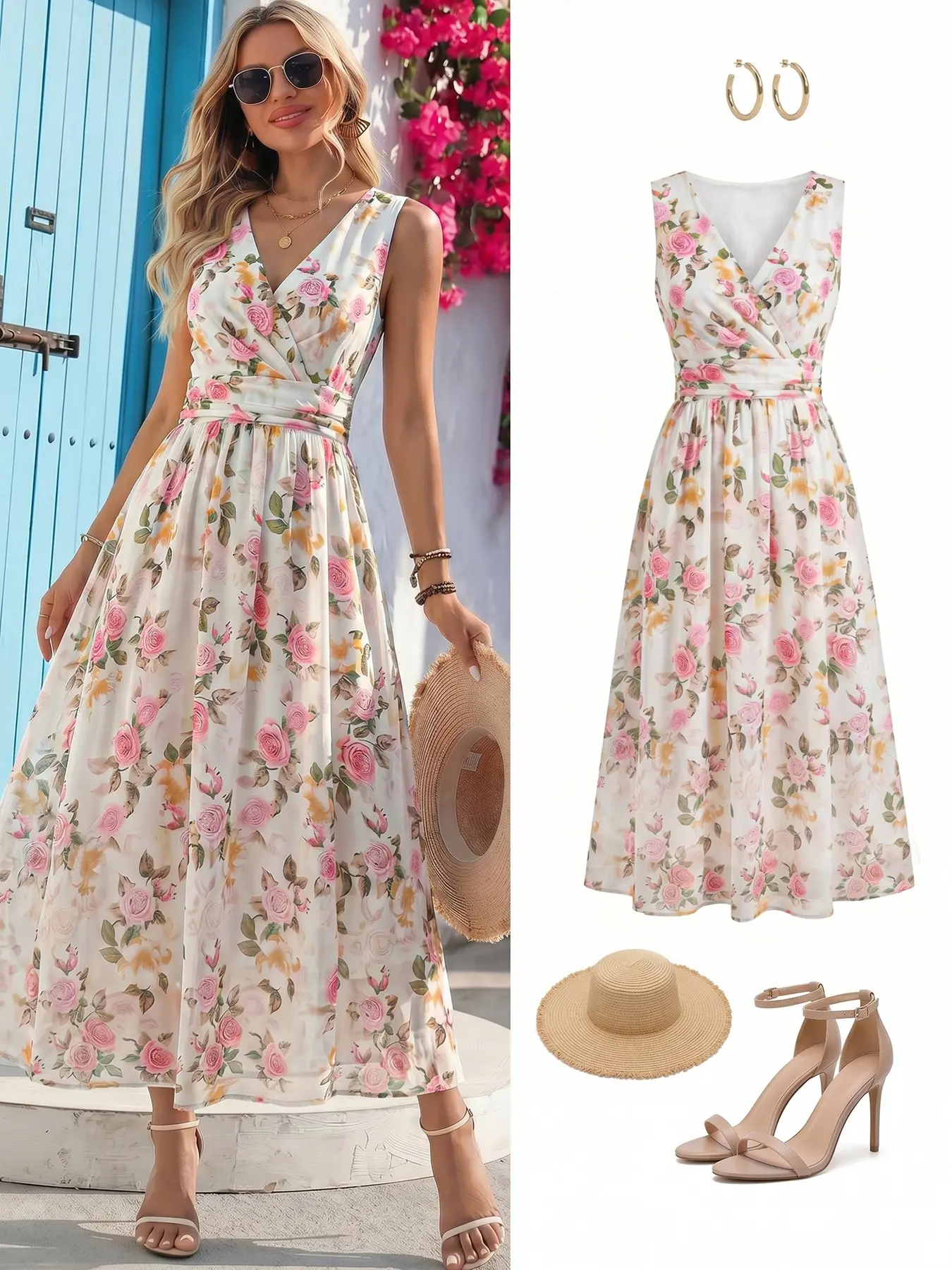 Elegant Women's Dress, Floral V-Neck Sleeveless Waist Cinched, Oversized Skirt, Vacation Dress, Stylish, Casual and Comfortable, Perfect for Special Occasions