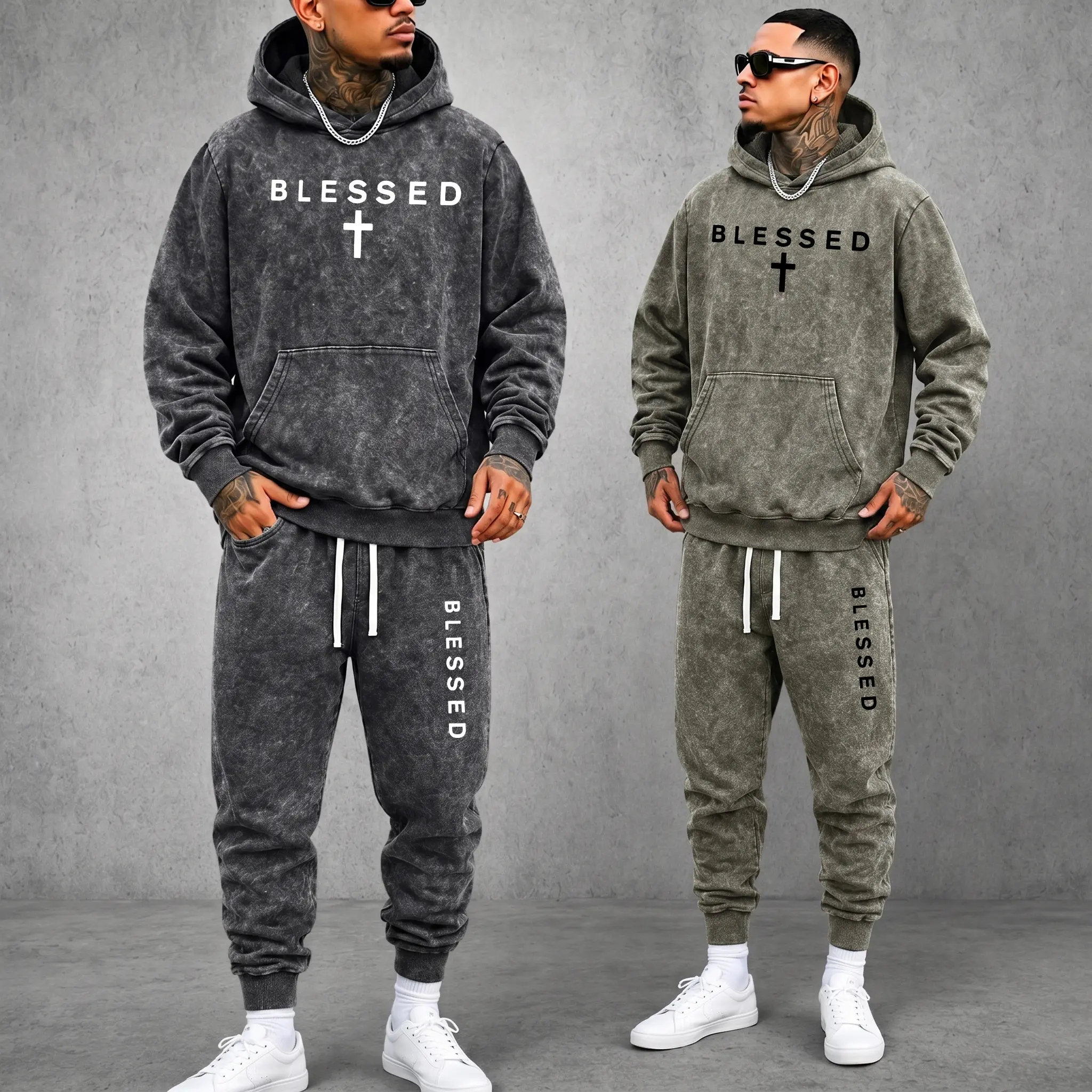Mens Vintage Acid Wash Blessed Cross Graphic Print Hoodie and Jogger Sweatpants Set, Pullover Hooded Sweatshirt with Kangaroo Pocket, Drawstring Elastic Waist Ribbed Cuff Pants, Regular Fit Christian Faith Matching Sweatsuit for Fall Winter Streetwear
