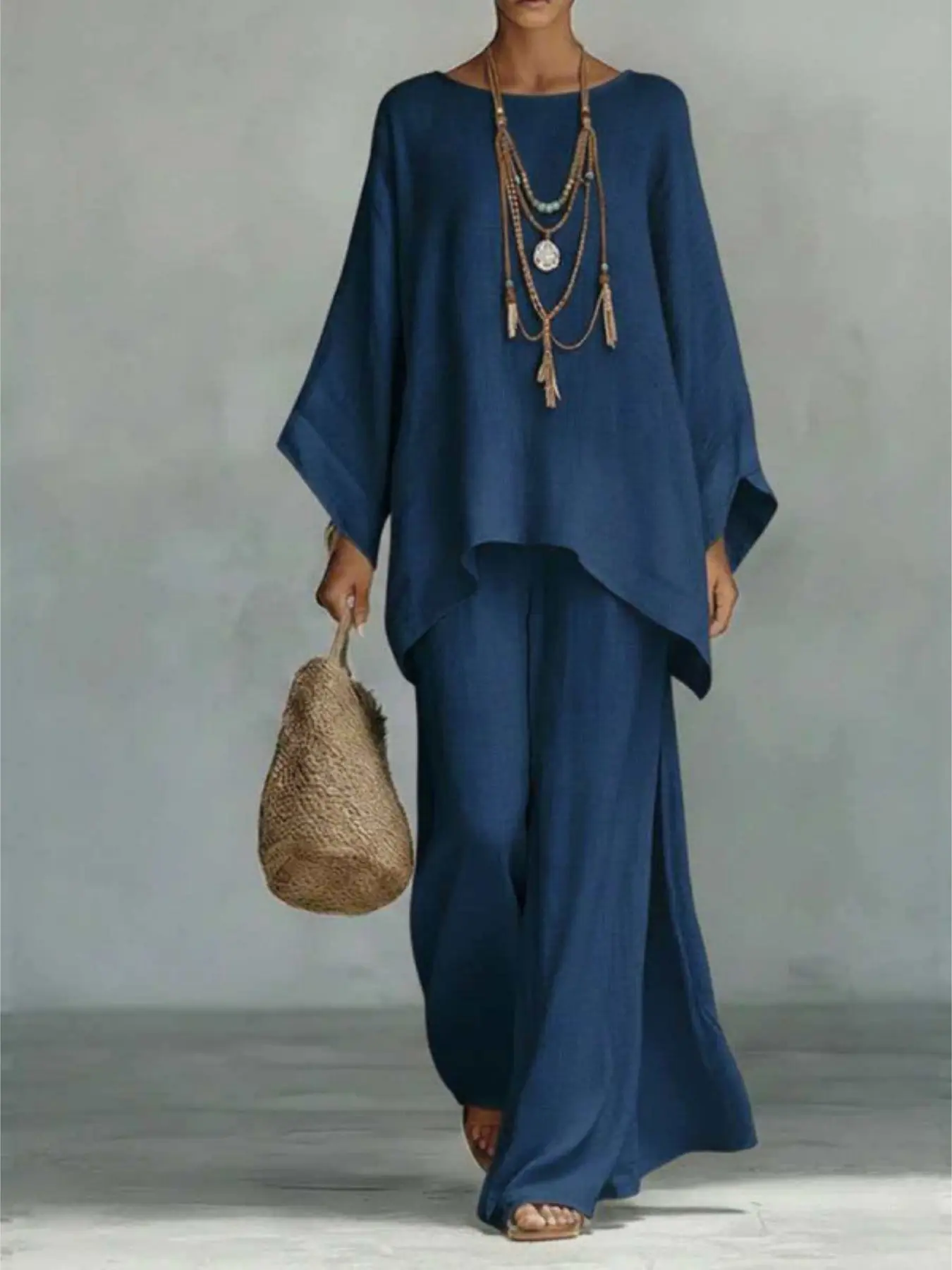 New Women's Simple Loose Linen Blend Shirt and Wide Leg Pants Set, Comfortable Casual, Perfect for Daily Wear