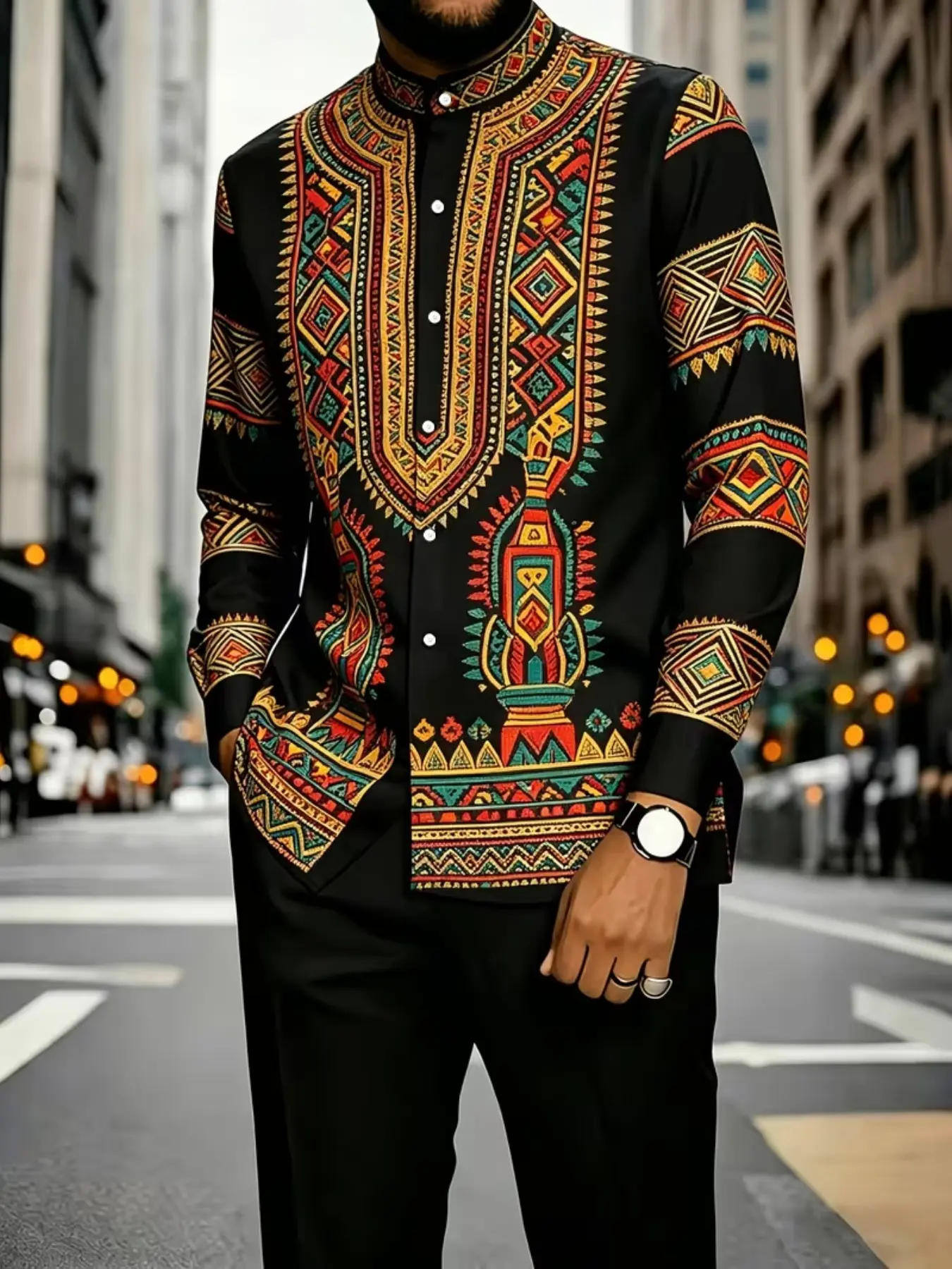 The African Style Dacic Ethnic Outfit Set Includes a Mandarin Collar Design, Brightly Colored Printed Shirts, And Solid Colored Pants, Making It a Suitable Outfit for Both Daily And Formal