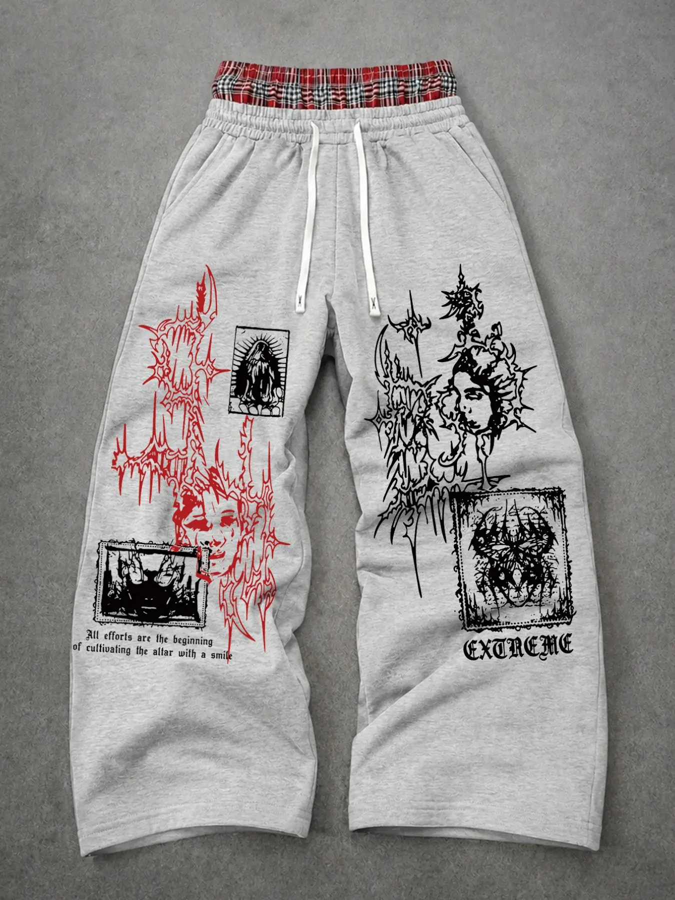 1pc Men Sweatpants Y2K Gothic Grunge Plaid Double Waistband Heavy Metal Graphic Wide Leg Drawstring Baggy Track Pants for Skateboard Everyday Street Pants