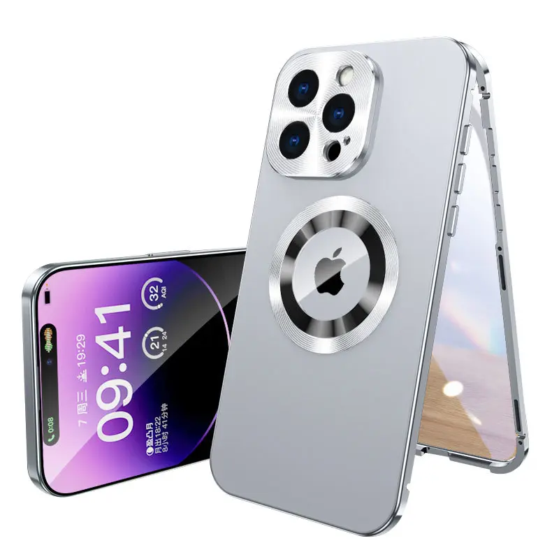 Durable OEM Original iPhone 17 Nordic Magnetic Metal Full Enclosure Case, HD Transparent Double Glass Cover, Secure Snap Buckle, Fashion Exposed Logo Cutout, MagSafe Compatible with MagSafe Wireless Charging Shockproof Phone Accessory