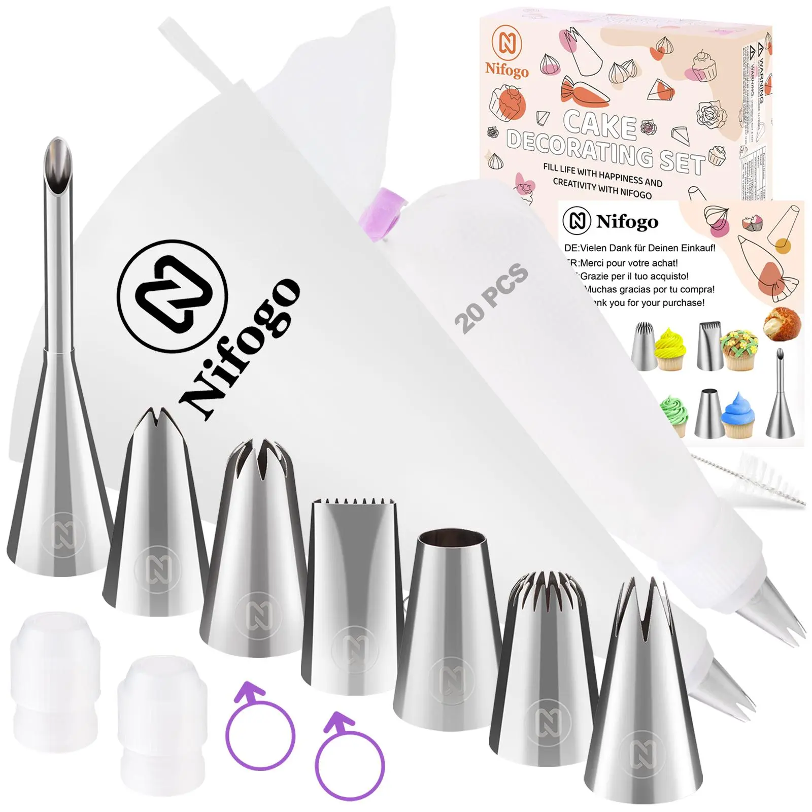 Nifogo home kitchen baking supplies cake decorating kit frosting icing tools 304 stainless steel piping tips icing nozzles reusable piping bags pastry decorating set for cake cookie cupcake