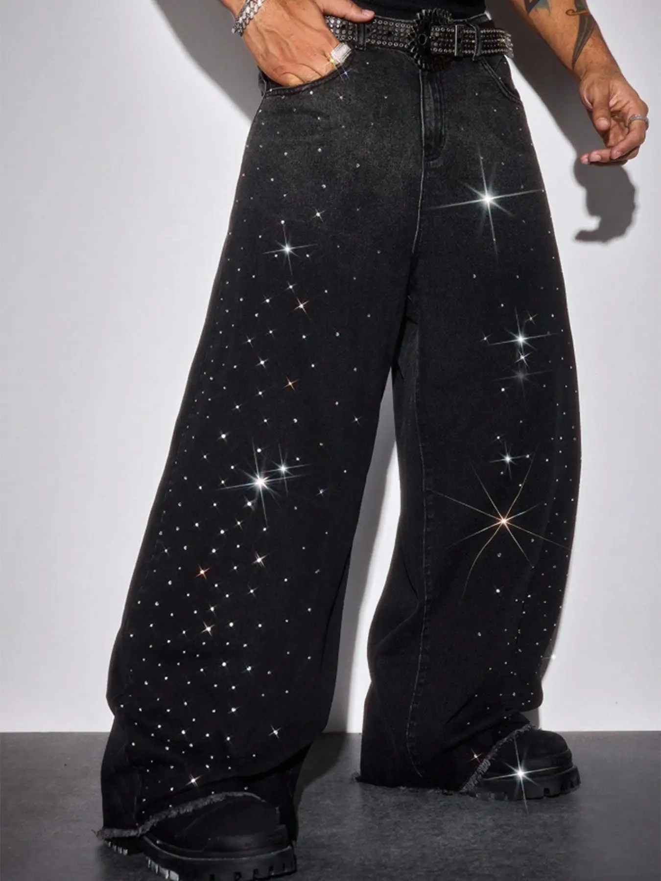 American Men's Jeans, Rhinestone Star Pattern, Y2K Street Style, Casual Loose-Fit, All Seasons, Geometric Design, Unlined