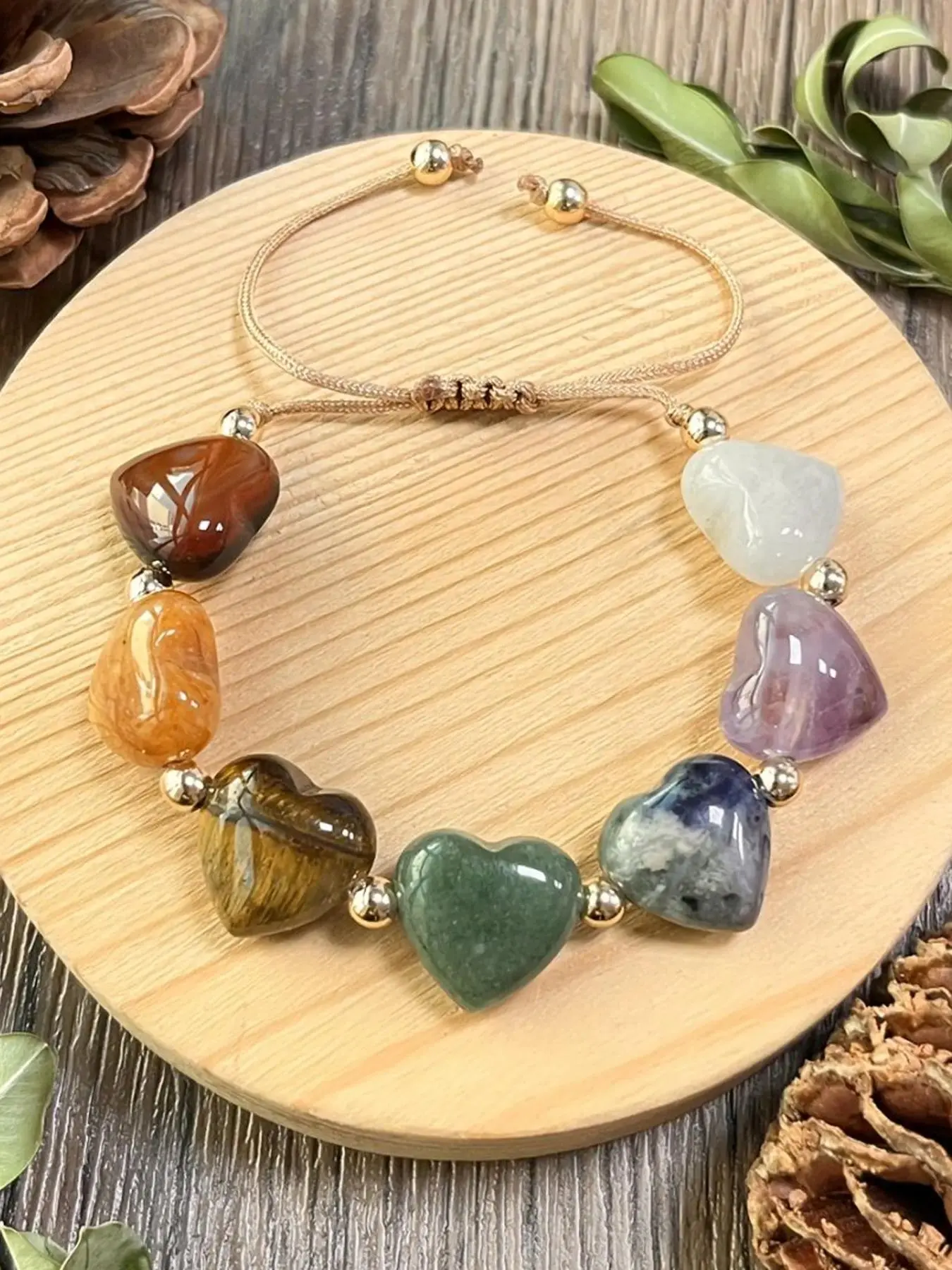 7 Chakra Heart Natural Stone Bracelet for Women, Handmade Adjustable Braided Rope Crystal Bead Wristband, Healing Multi Color Heart Gemstone Jewelry, Birthday Gift for Her
