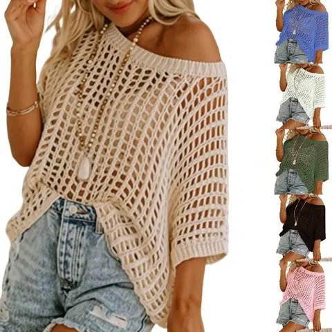 2026 summer five-quarter sleeve sexy hollow top pullover beach blouse knitted sweater women