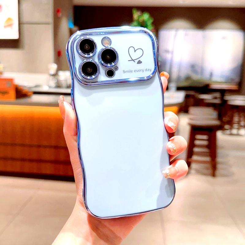 OREKROY [FreeShip] Cute Wave Shape with Love Heart Raised Camera Protection Phone case For iPhone 16 15 14 13 1211 Pro Max Accessories Durable Silicone Shiny Silicone Shiny Wavy