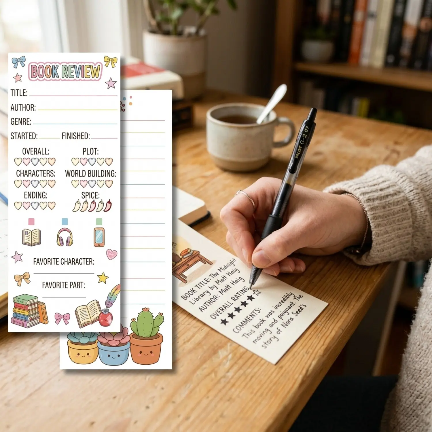 Double Sided Book Tracker Bookmarks for Reading Lovers Cute Succulent Design Reading Log Cards 300GSM Heavy Cardstock Paper No Bleed Smudge Proof Book Review Notes Bookmarks for Avid Readers Book Club Gifts Cute Stationery 50 100 Pack