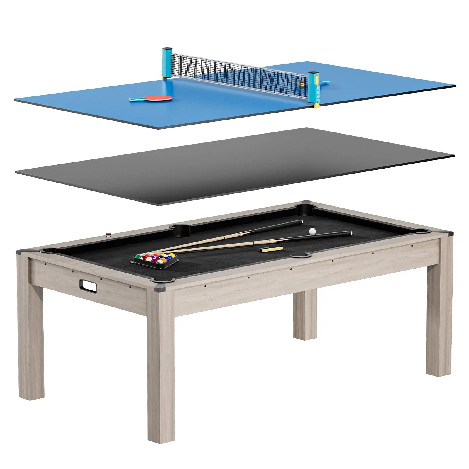 7 FT Pool Table Combo, 3 in 1 Pool, Dining, & Table Tennis with Full Accessories, Multi Game Table, HDF Wood Grain Finish and Chrome Accents, Multi-functional Game Table for Basement Living Room Home Entertainment
