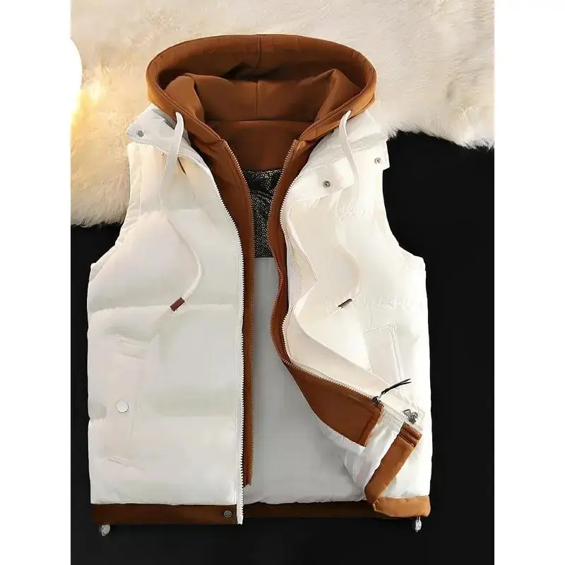 Two-Piece Sleeveless Hooded Zip-Up Vest Jacket for Fall/Winter - Machine Washable Womenswear Basic Beige Casual Fitted Minimalist Can Be Used with a Raincoat