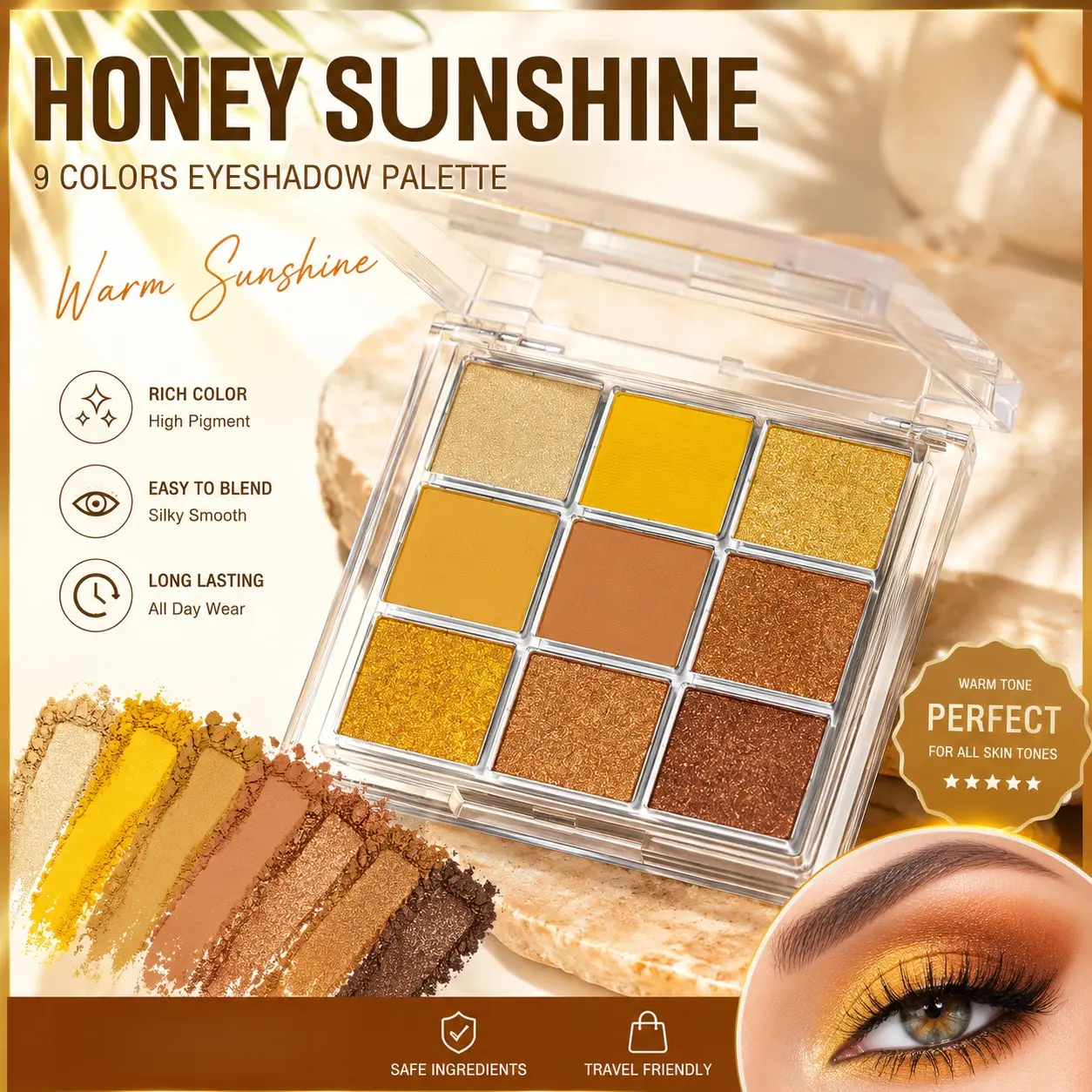9 Colors Golden Eyeshadow Palette, Matte Shimmer Metallic Eye Shadows, High Pigment Blendable Long Lasting, Autumn Makeup Tray