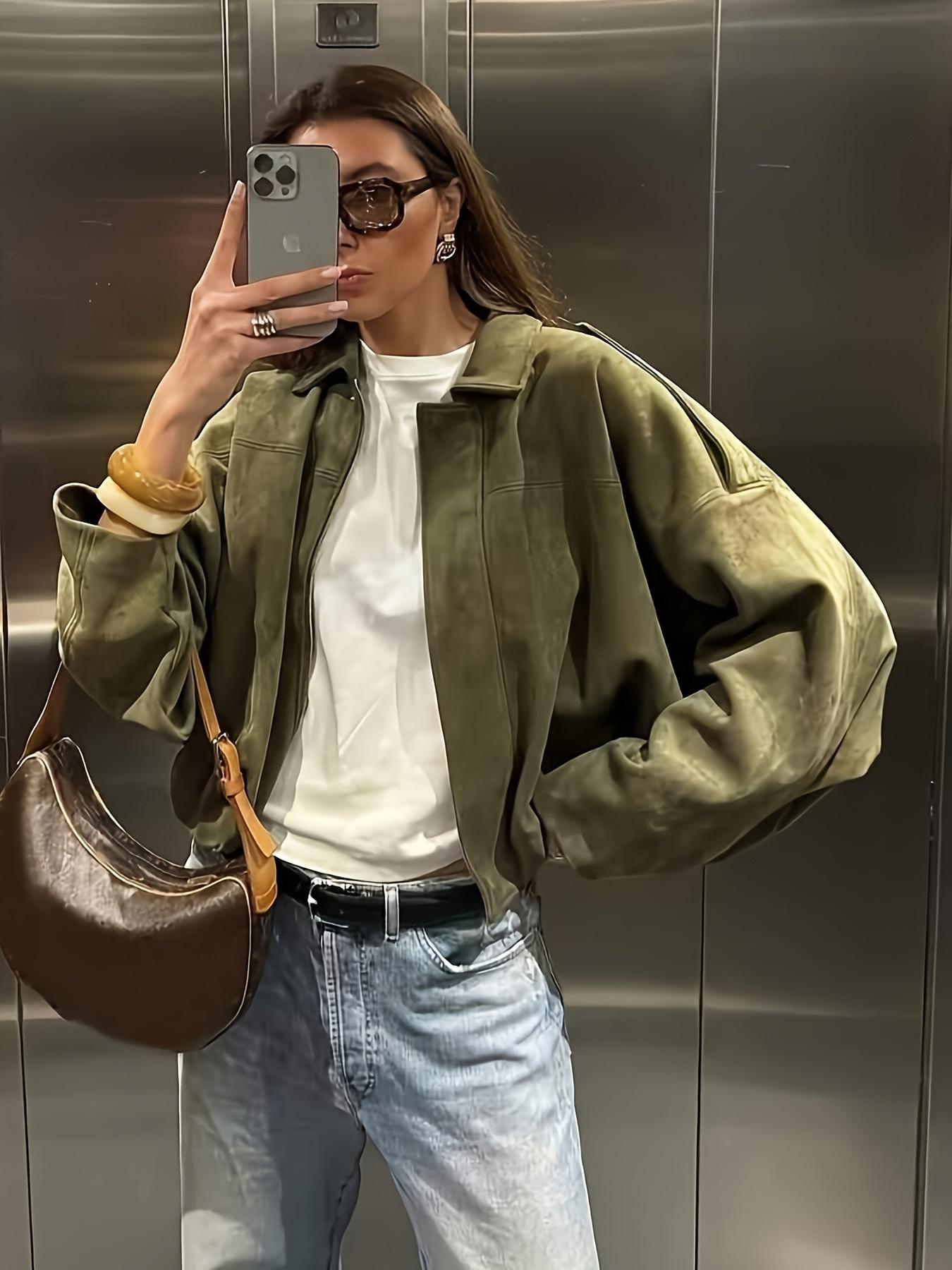 Women's Military Jacket, Army Green Loose Fit Coat For Spring & Autumn