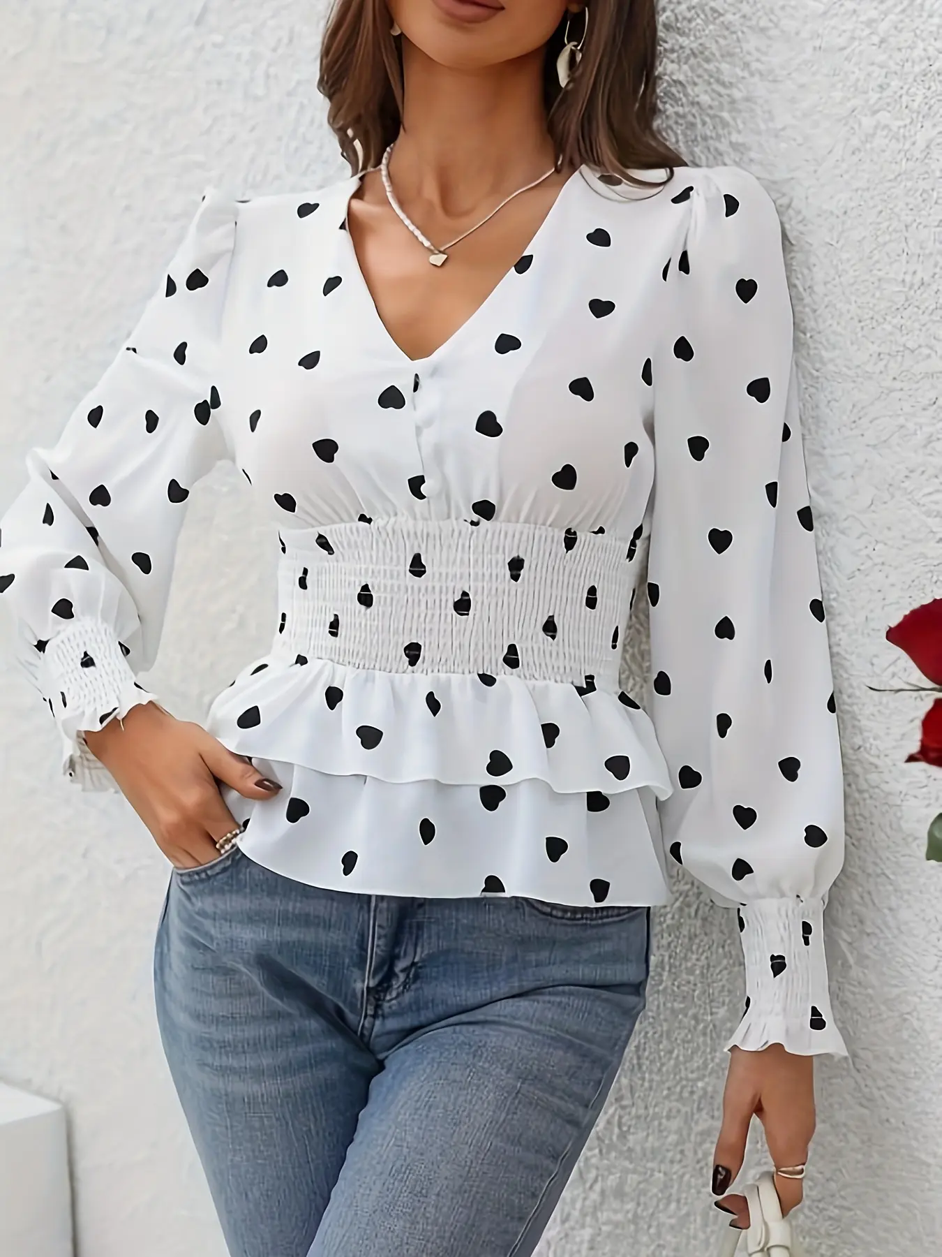 One women's white heart-patterned V-neck long-sleeved blouse with a lantern style for a sweet Valentine's Day date