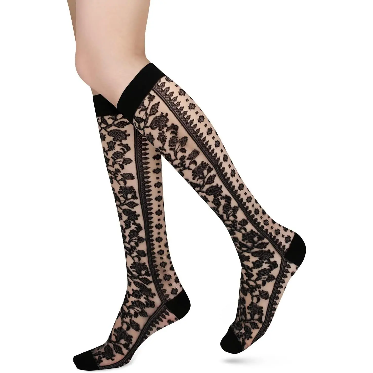 Womens Lace Knee High Socks Girls Nylon Knee Highs Sexy Sheer Trouser Socks Black White Mesh Fishnet Stockings