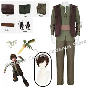 New 2026 Movie Hiccup Cosplay Costume wig Green T Shirt Pant Brown Vest Set Halloween adult cartoon dragon Bear House