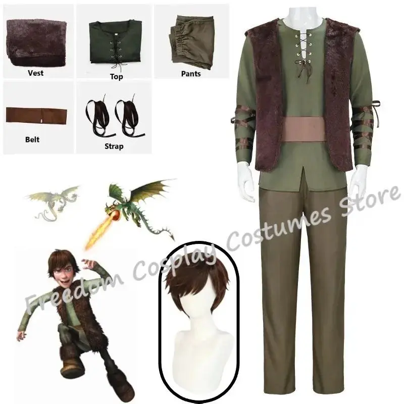 New 2026 Movie Hiccup Cosplay Costume wig Green T Shirt Pant Brown Vest Set Halloween adult cartoon dragon Bear House