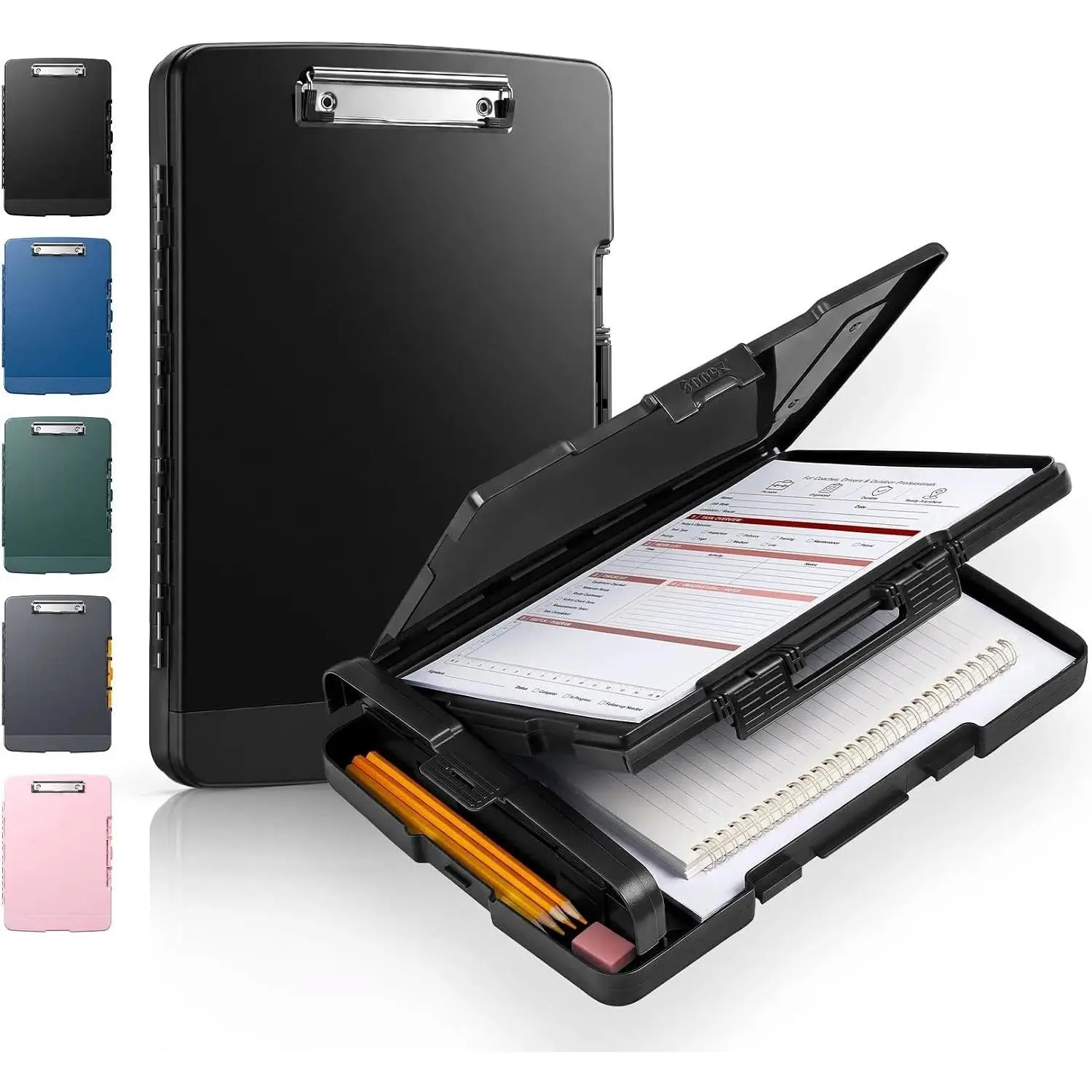 Clipboard with Storage, Heavy Duty Plastic Clip Board 8.5x11, Black | Dual Compartment Organizer, High Capacity, Pen Holder, Low-profile Clip, Nursing, Coach School & Office Supplies