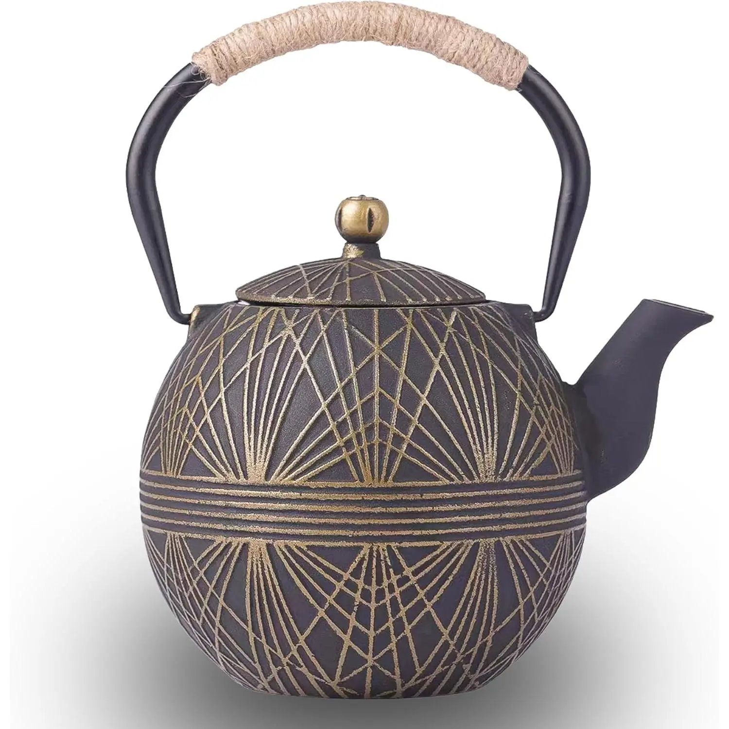 Japanese Style Enameled Cast Iron Tea Kettle - 34oz/1000ml Enamel Finish Stovetop Safe Teapot with Removable Stainless Infuser, Ergonomic Handle for Loose Leaf Tea (Green, Silver, Black, Gold), Removable Infuser