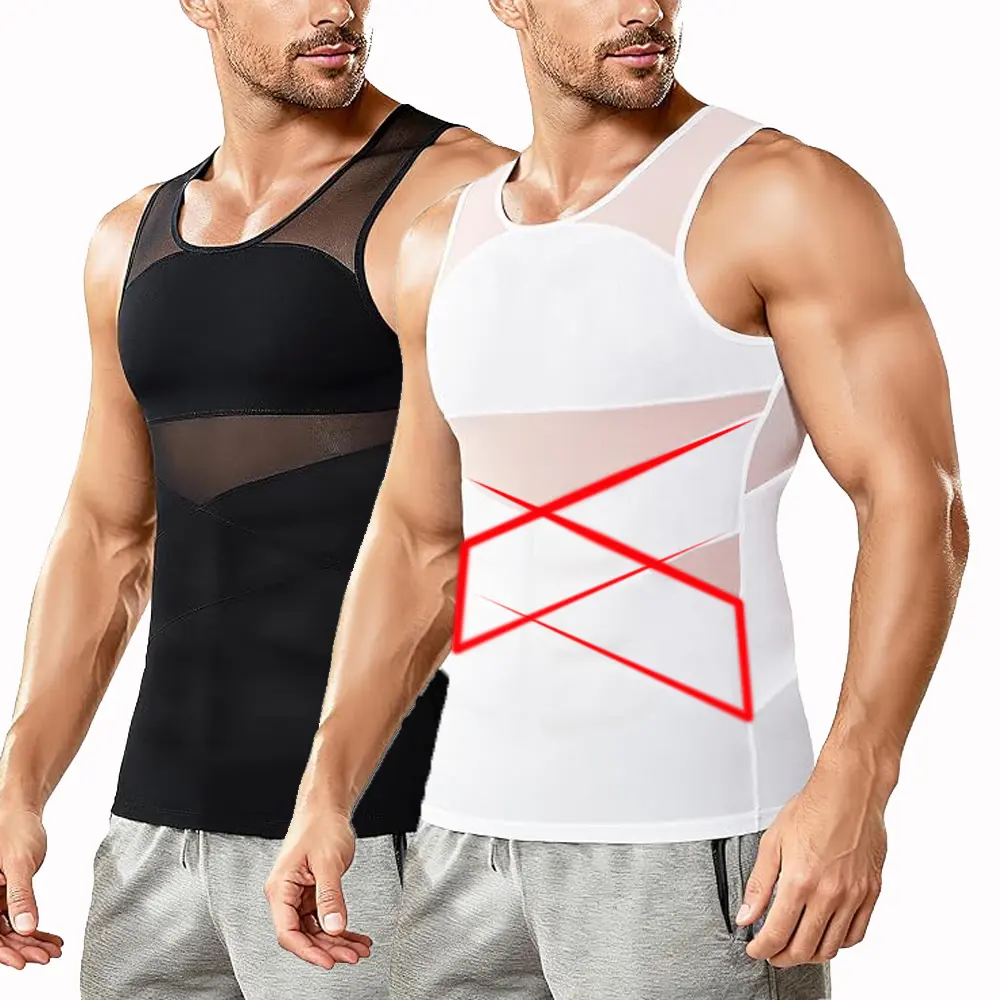 Male Polyester Compression Shirt for Gynecomastia - 1/2 Pack, Medium Elasticity, Abdominal Control Undershirt Body Shaper Vest Mesh Tank Tops for Gym Sessions, Training Wear, Compression Shirts, Men's Compression Shirts